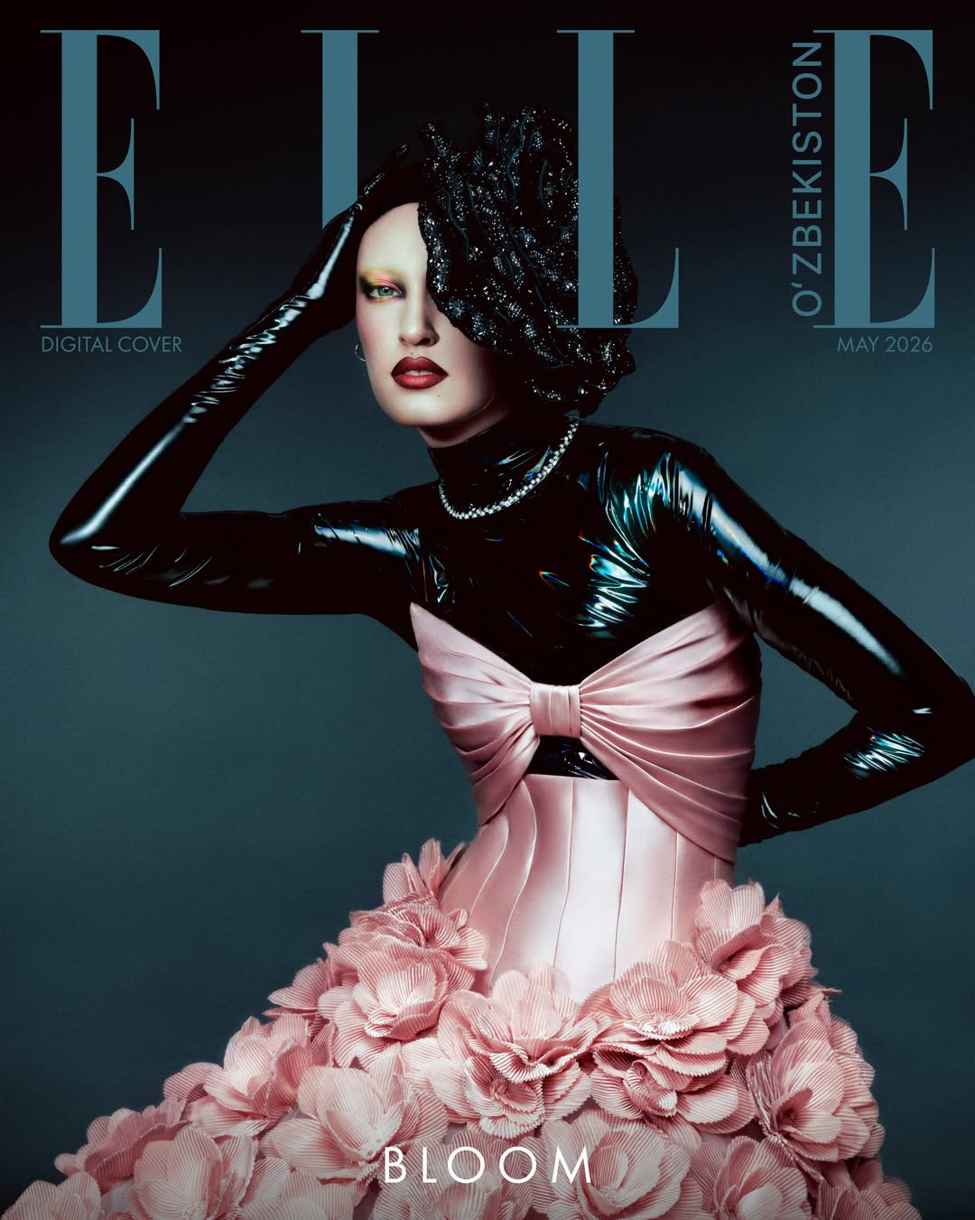 ELLE magazine cover featuring an ANT model in black and pink couture