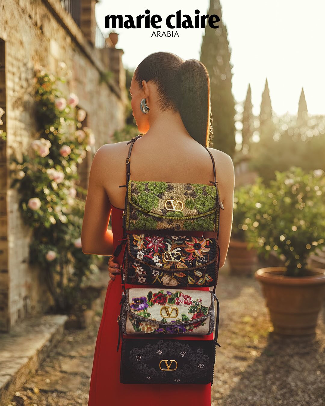 Marie Claire Arabia editorial of an ANT model in a garden