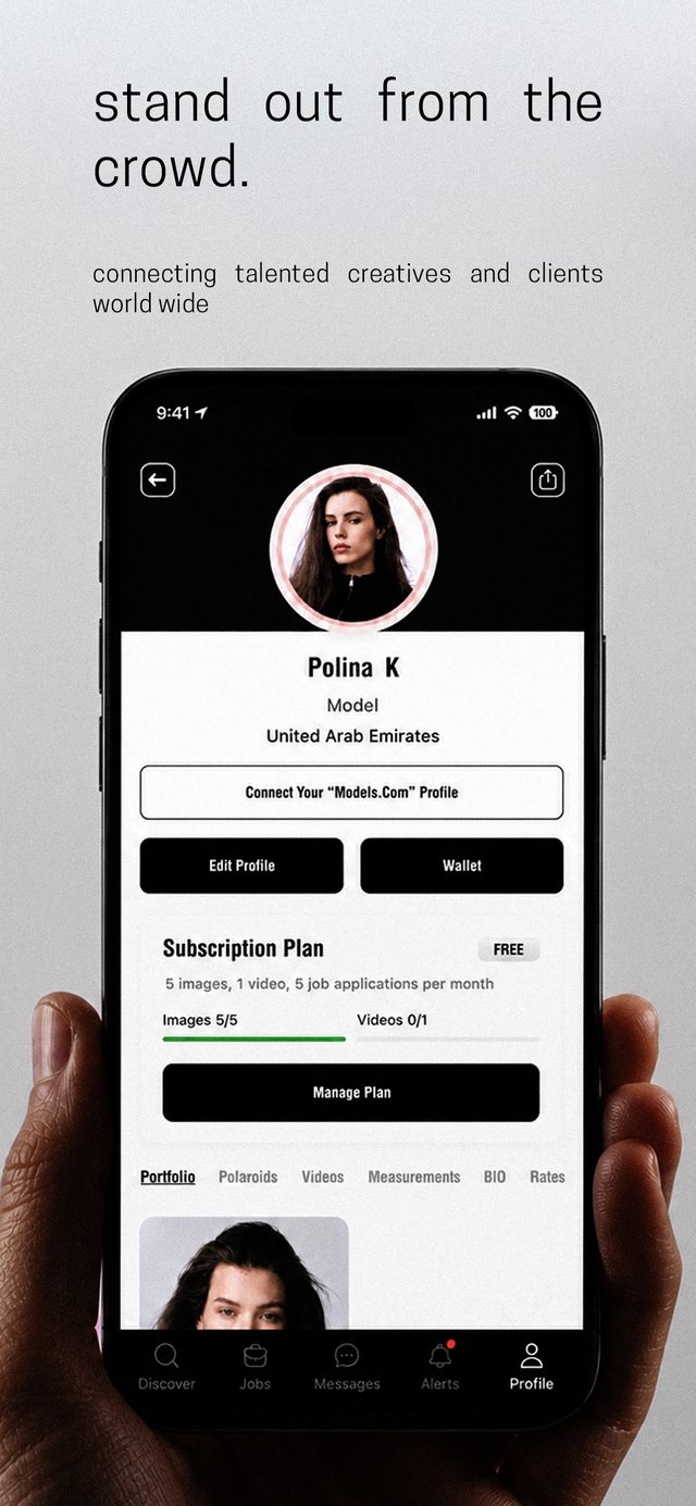 A talent profile in the ANT Talent app with portfolio and subscription plan