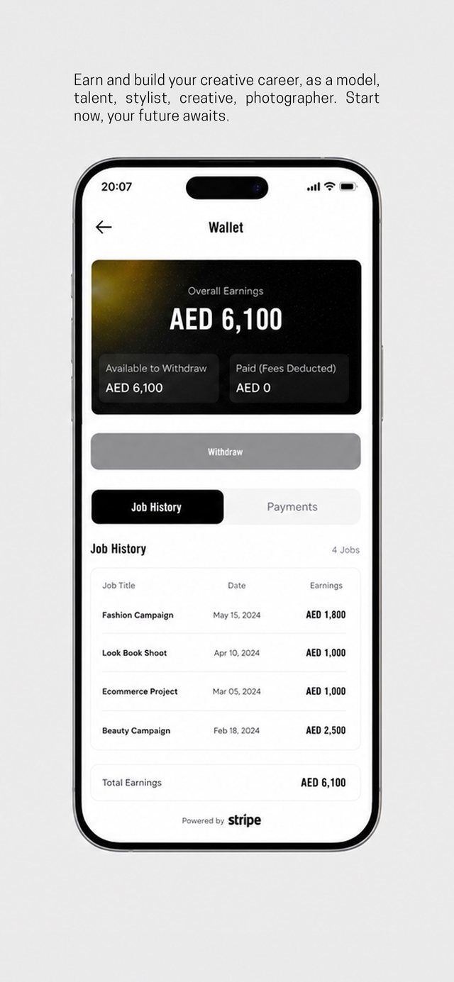 The wallet screen in the ANT Talent app showing earnings and job history